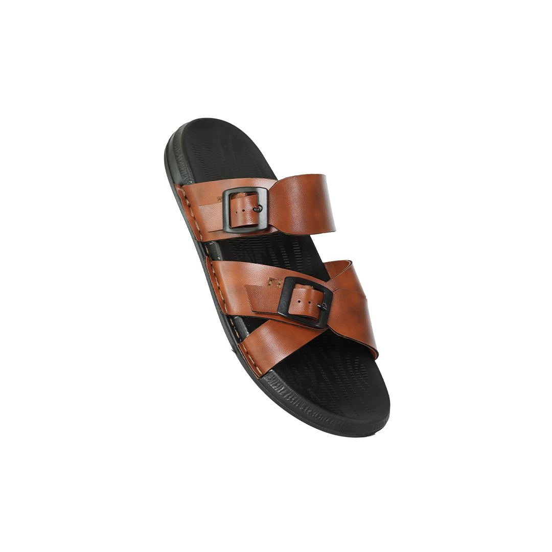 Men’s Brown Dual Buckle Strap Sandals – Black Sole