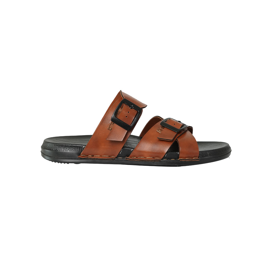 Men’s Brown Dual Buckle Strap Sandals – Black Sole