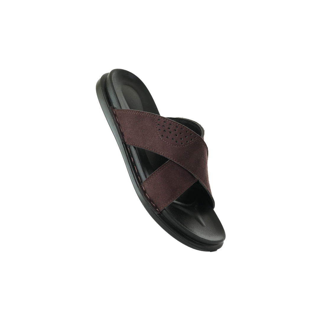 Men’s Brown Suede Cross-Strap Slide Sandals – Comfort Sole